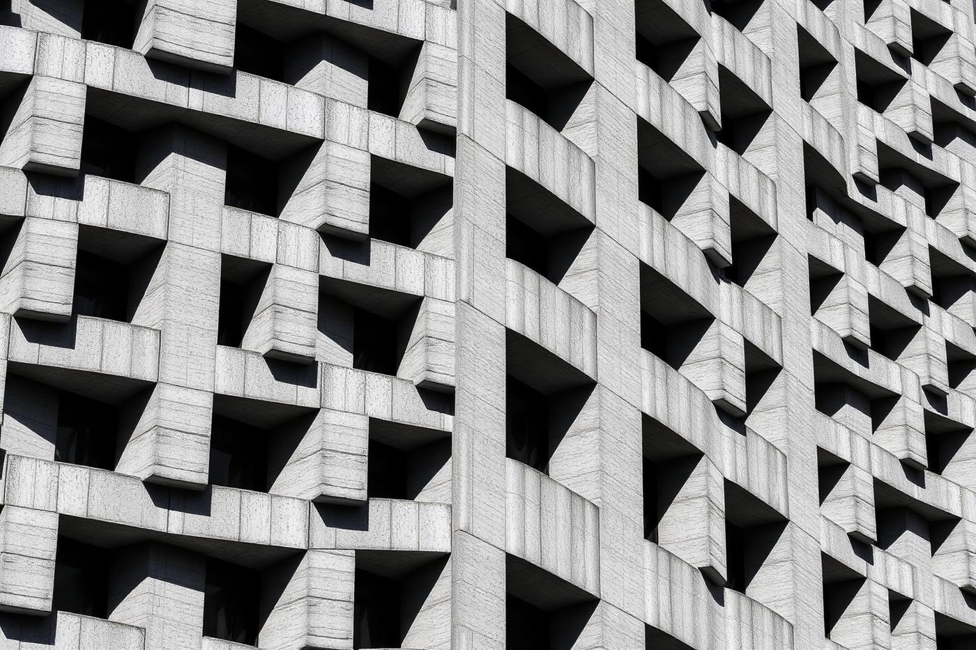 Repeating concrete facade pattern photographed in high contrast black and white