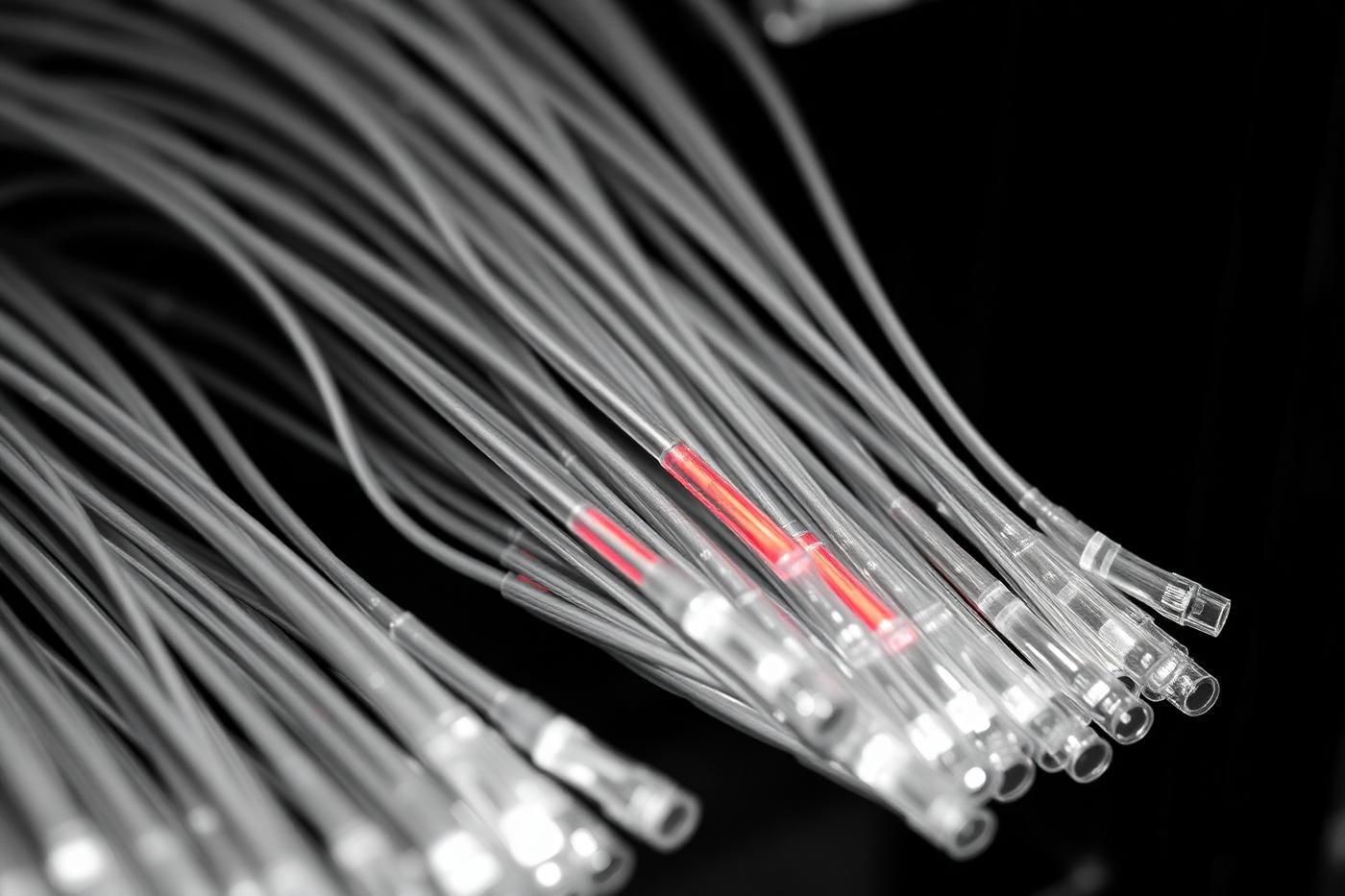 Greyscale bundle of fibre optic cables with a single illuminated red strand