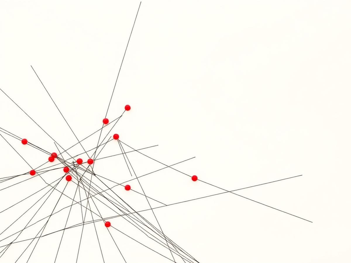 Sparse abstract diagram of thin black lines converging on red nodes